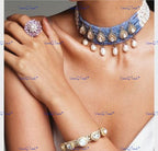 VeroniQ Trends-Elegant Multistrand Blue Beaded With Pearl Polki Silver Choker Necklace 92.5 Silver Moissanite Diamond Polki-Gold Plated-Wedding Jewelry-Punjabi Jewelry-South Indian-Thappa Jewelry