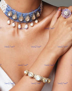 VeroniQ Trends-Elegant Multistrand Blue Beaded With Pearl Polki Silver Choker Necklace 92.5 Silver Moissanite Diamond Polki-Gold Plated-Wedding Jewelry-Punjabi Jewelry-South Indian-Thappa Jewelry