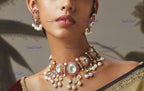 VeroniQ Trends-Elegant Look Ruby Pearl And Polki Choker Silver Necklace 92.5 Silver Moissanite Diamond Polki-Gold Plated-Wedding Jewelry-Punjabi Jewelry-South Indian-Thappa Jewelry