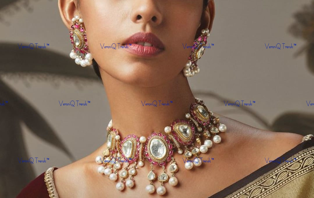 VeroniQ Trends-Elegant Look Ruby Pearl And Polki Choker Silver Necklace 92.5 Silver Moissanite Diamond Polki-Gold Plated-Wedding Jewellery-Punjabi Jewellery-South Indian-Thappa Jewellery