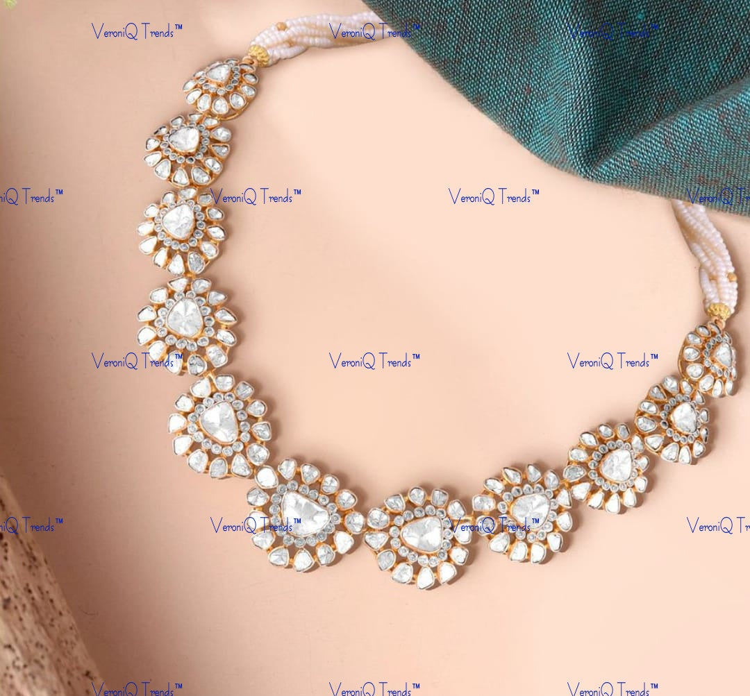 VeroniQ Trends-Floral Diamond look Polki Silver Necklace 92.5 Silver Moissanite Polki-Gold Plated-Wedding Jewellery-Punjabi Jewellery-South Indian-Thappa Jewellery