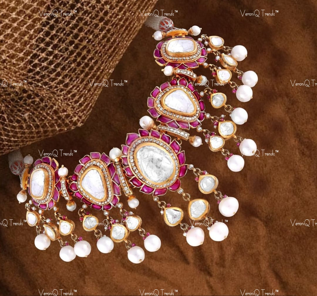 VeroniQ Trends-Elegant Look Ruby Pearl And Polki Choker Silver Necklace 92.5 Silver Moissanite Diamond Polki-Gold Plated-Wedding Jewellery-Punjabi Jewellery-South Indian-Thappa Jewellery
