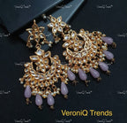 VeroniQ Trends-Designer Gold Plated Bikaneri Kundan Chandbali Earrings With Faux Gems Drops Bikaneri Kundan-Gold Plated-Wedding Jewelry-Punjabi Jewelry-South Indian-Thappa Jewelry