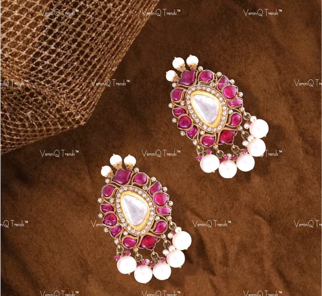 VeroniQ Trends-Elegant Look Ruby Pearl And Polki Choker Silver Necklace 92.5 Silver Moissanite Diamond Polki-Gold Plated-Wedding Jewellery-Punjabi Jewellery-South Indian-Thappa Jewellery