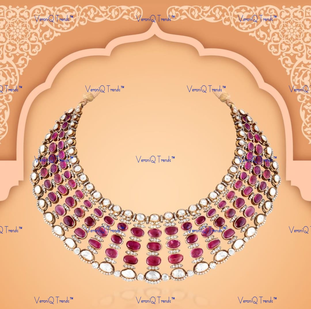 VeroniQ Trends-Royal Ruby And Polki Silver Choker Necklace 92.5 Silver Moissanite Diamond Polki-Gold Plated-Wedding Jewellery-Punjabi Jewellery-South Indian-Thappa Jewellery
