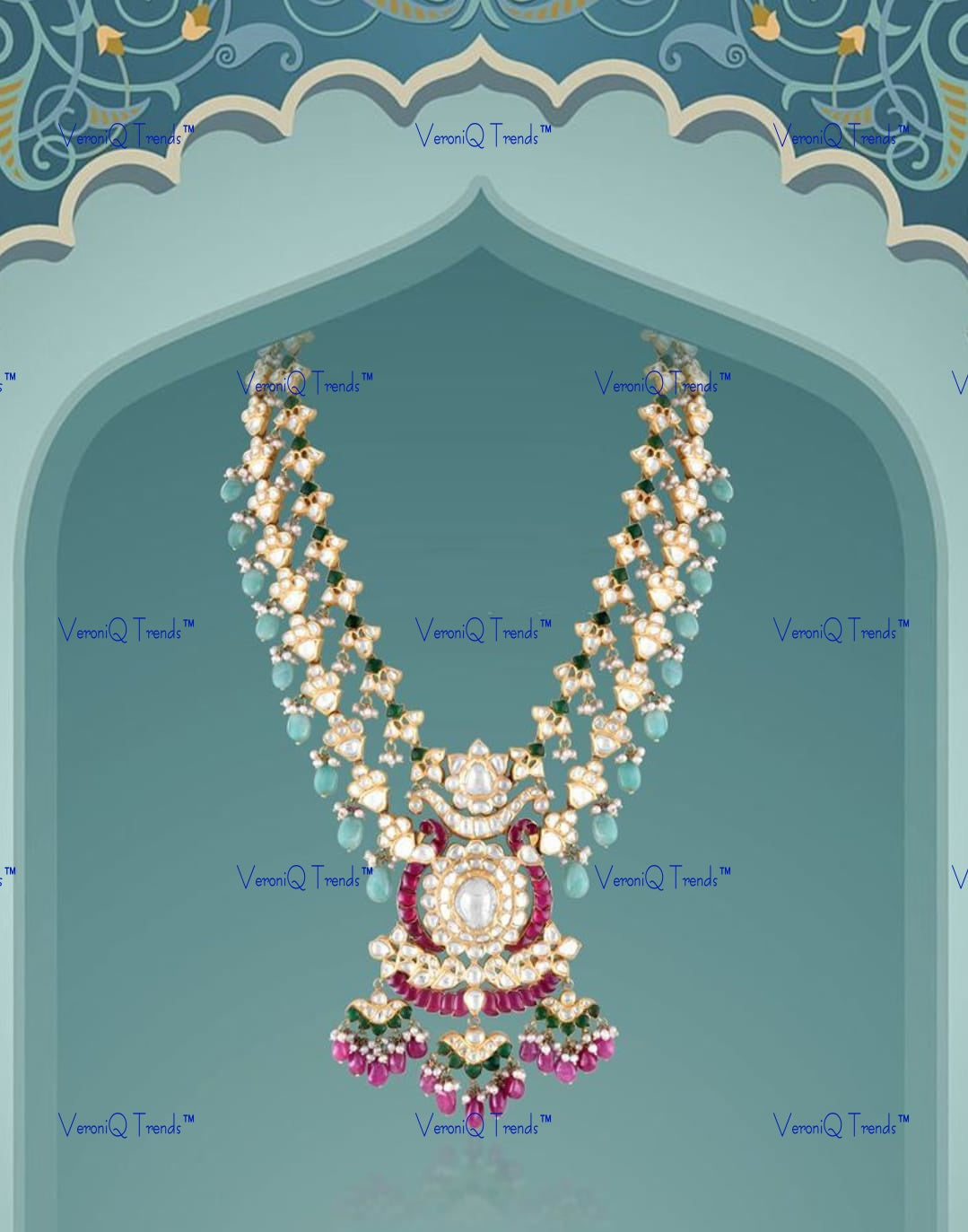 VeroniQ Trends-Double Line Peacock Design Pink Kemp Stone Pachi Kundan Gold Plated Long Necklace Pachi Kundan-Gold Plated-Wedding Jewellery-Punjabi Jewellery-South Indian-Thappa Jewellery
