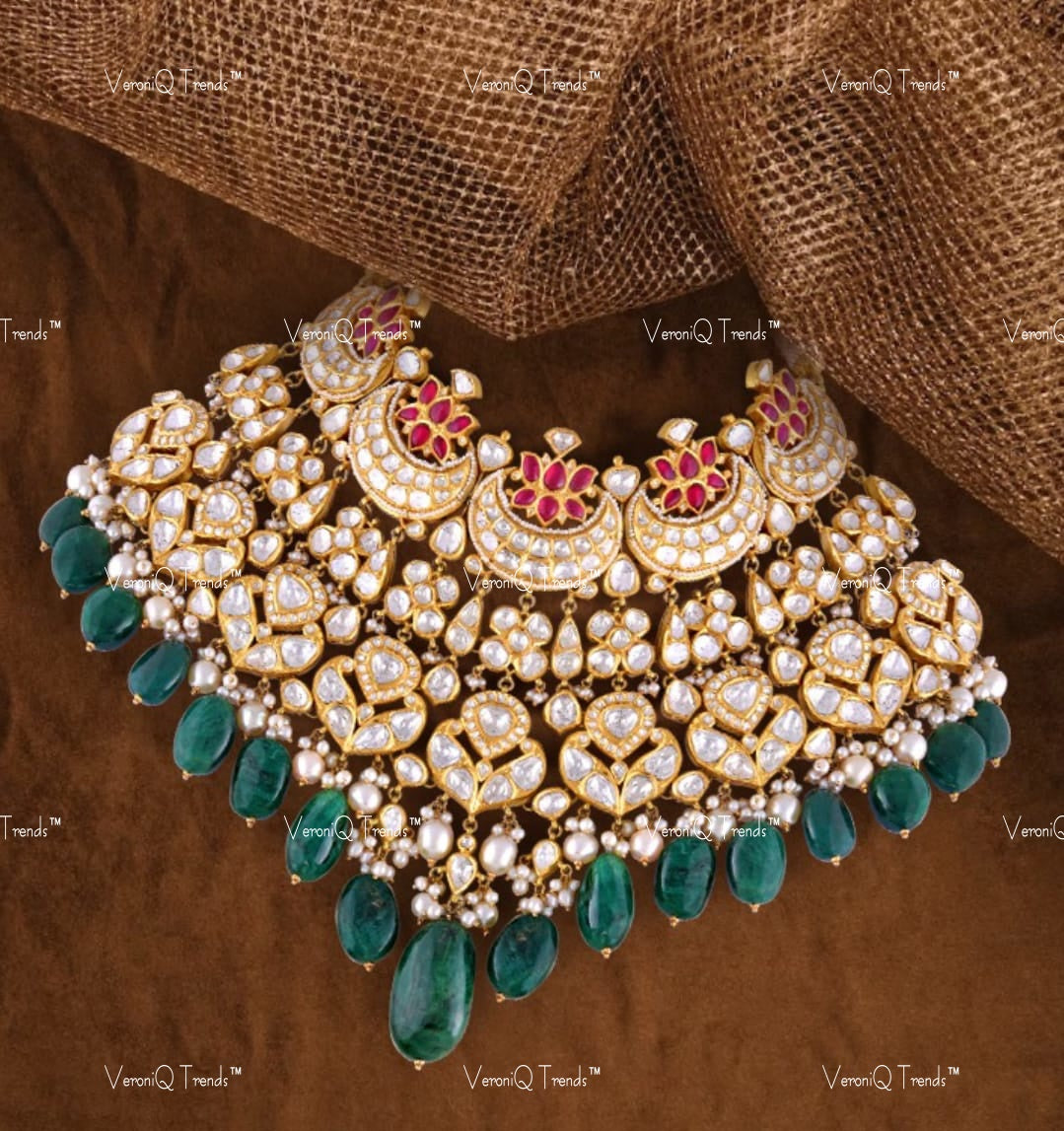 VeroniQ Trends-Bridal Kemp Stone Chandbali Style Pachi Kundan Gold Plated Choker Necklace With Green Beads Pachi Kundan-Gold Plated-Wedding Jewellery-Punjabi Jewellery-South Indian-Thappa Jewellery