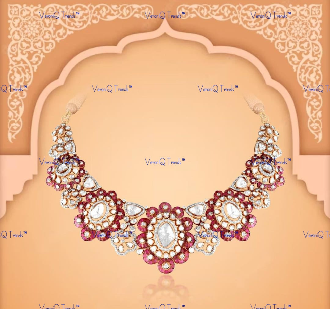 VeroniQ Trends-Elegant Ruby Silver Choker Necklace 92.5 Silver Moissanite Diamond Polki-Gold Plated-Wedding Jewellery-Punjabi Jewellery-South Indian-Thappa Jewellery