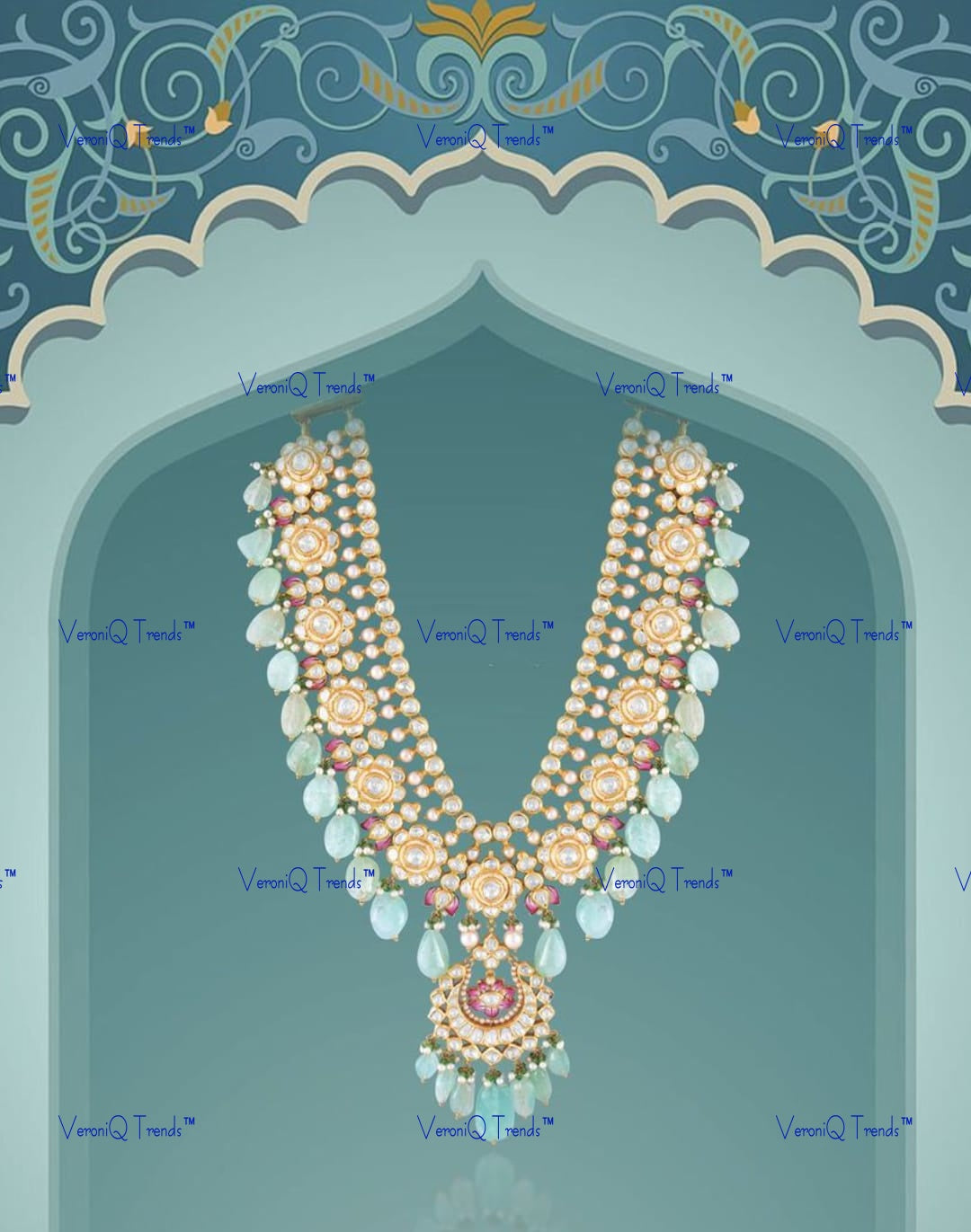 VeroniQ Trends-Turquoise Blue Gold Plated Pachi Kundan Long Necklace Pachi Kundan-Gold Plated-Wedding Jewellery-Punjabi Jewellery-South Indian-Thappa Jewellery