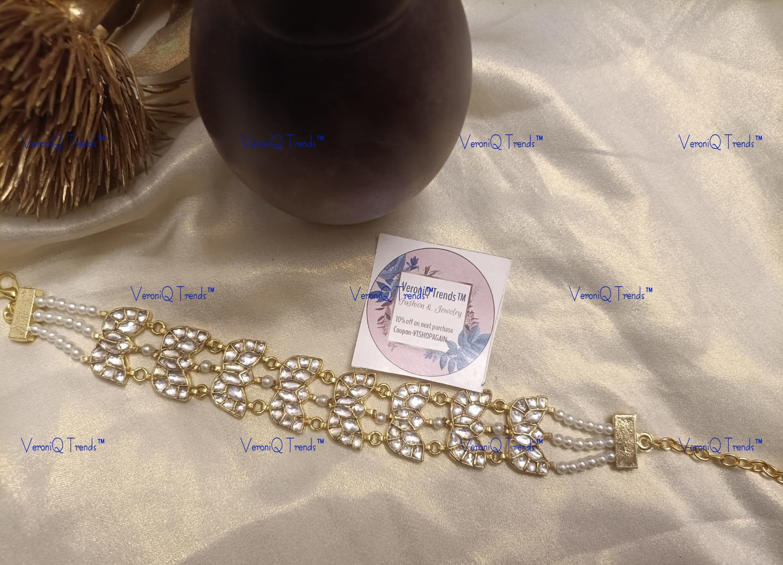 VeroniQ Trends-Rajwadi Floral Style Pachi Kundan Gold Plated Bracelet Pachi Kundan-Gold Plated-Wedding Jewellery-Punjabi Jewellery-South Indian-Thappa Jewellery