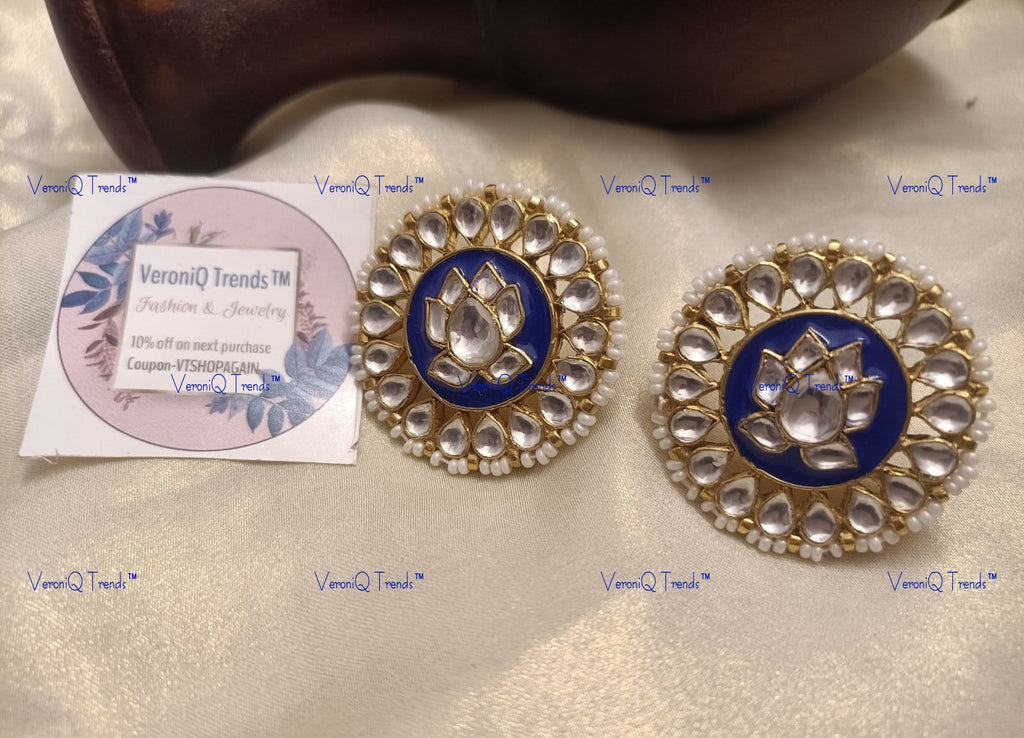 VeroniQ Trends-Blue Meenakari Pachi Kundan Gold Plated Earrings Pachi Kundan-Gold Plated-Wedding Jewellery-Punjabi Jewellery-South Indian-Thappa Jewellery