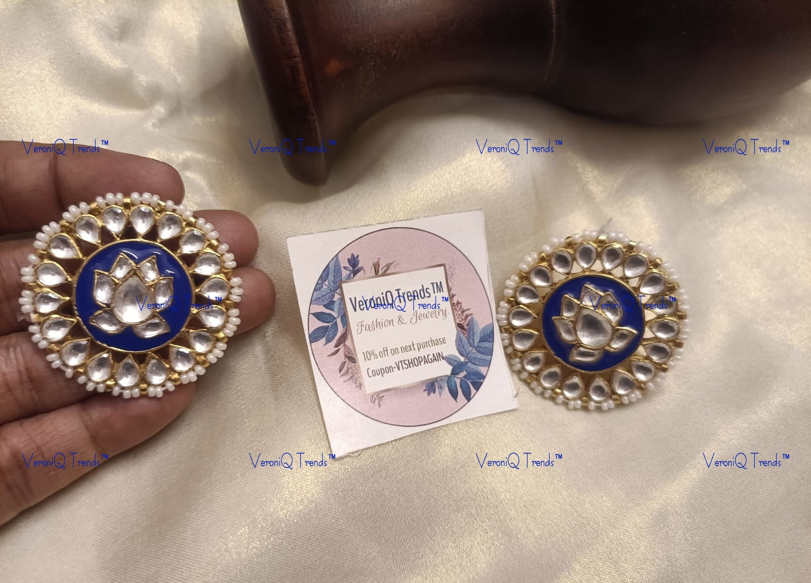 VeroniQ Trends-Blue Meenakari Pachi Kundan Gold Plated Earrings Pachi Kundan-Gold Plated-Wedding Jewellery-Punjabi Jewellery-South Indian-Thappa Jewellery