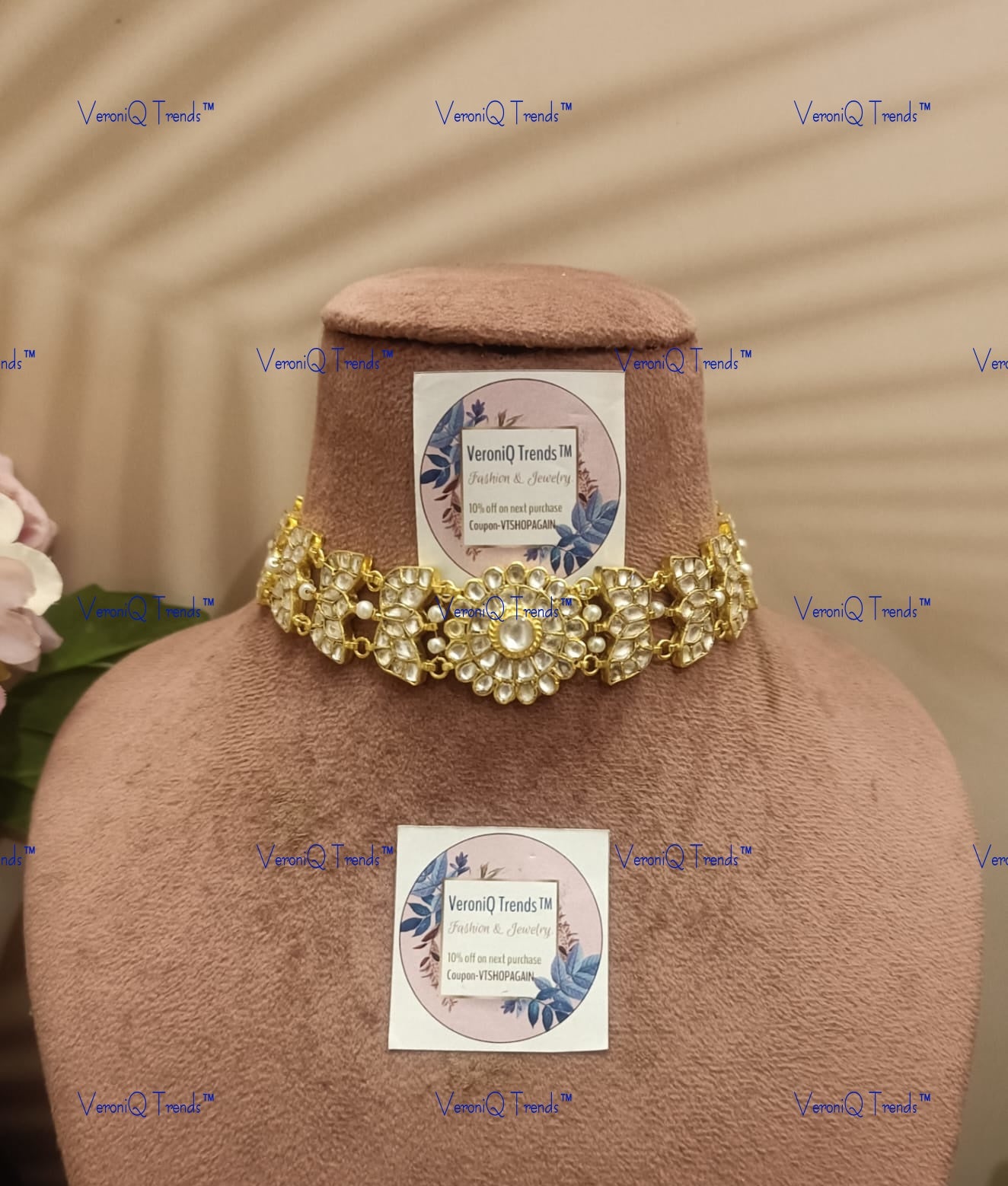 VeroniQ Trends-Rajwadi Floral Style Pachi Kundan Gold Plated Choker Necklace Pachi Kundan-Gold Plated-Wedding Jewellery-Punjabi Jewellery-South Indian-Thappa Jewellery