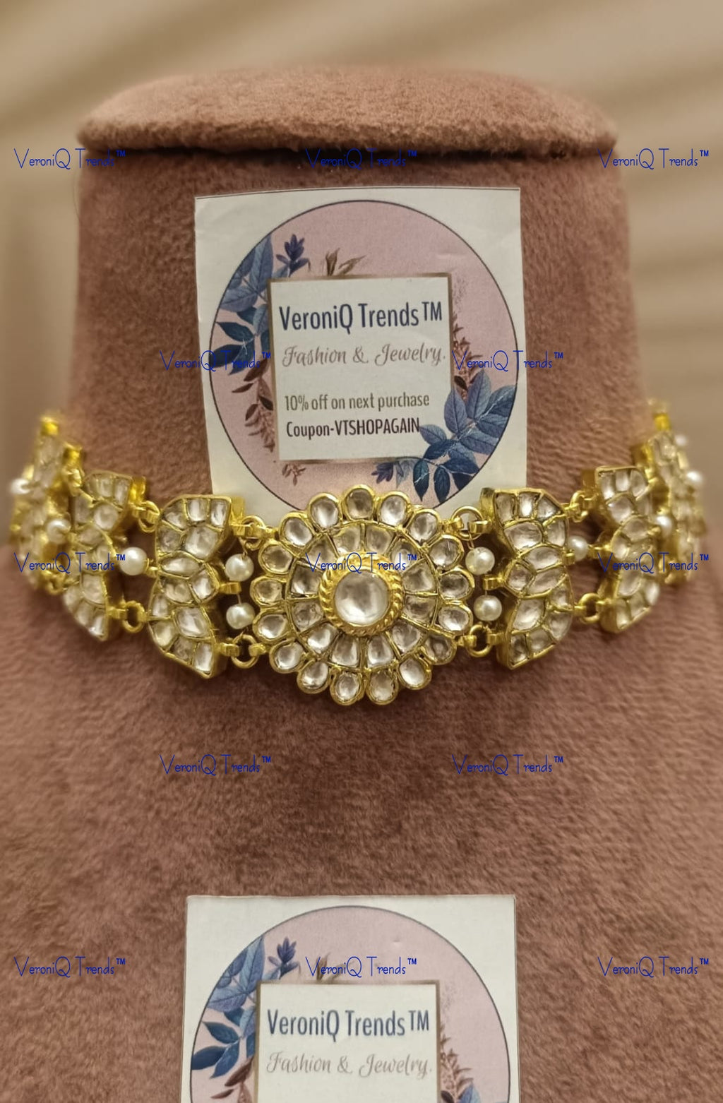 VeroniQ Trends-Rajwadi Floral Style Pachi Kundan Gold Plated Choker Necklace Pachi Kundan-Gold Plated-Wedding Jewellery-Punjabi Jewellery-South Indian-Thappa Jewellery