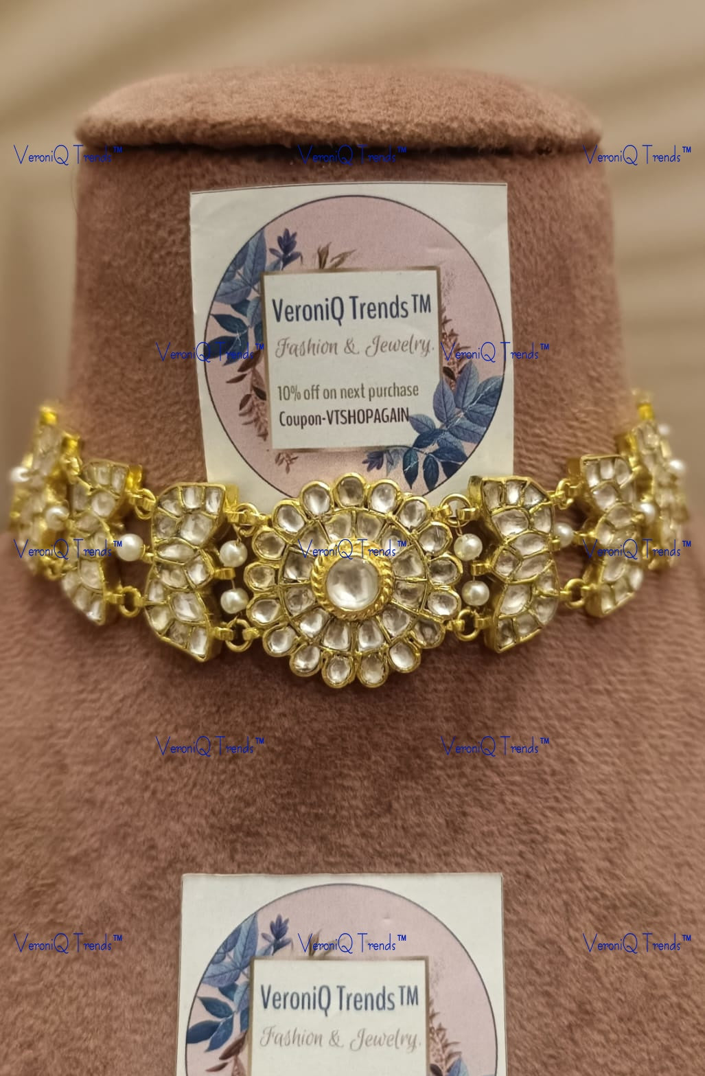 VeroniQ Trends-Rajwadi Floral Style Pachi Kundan Gold Plated Choker Necklace Pachi Kundan-Gold Plated-Wedding Jewellery-Punjabi Jewellery-South Indian-Thappa Jewellery