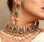 VeroniQ Trends-Victorian Emerald Pearl And Polki Choker Necklace Polki-Gold Plated-Wedding Jewelry-Punjabi Jewelry-South Indian-Thappa Jewelry