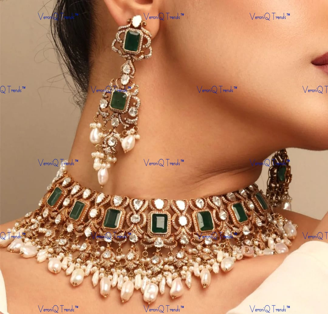 VeroniQ Trends-Victorian Emerald Pearl And Polki Choker Necklace Polki-Gold Plated-Wedding Jewellery-Punjabi Jewellery-South Indian-Thappa Jewellery