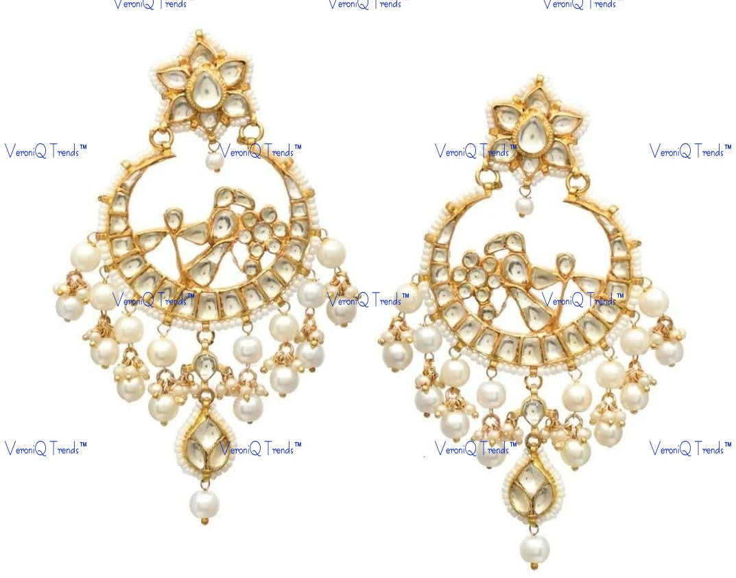 VeroniQ Trends-Gold Pated Chandbali Style Pearl And Pachi Kundan Earrings Pachi Kundan-Gold Plated-Wedding Jewellery-Punjabi Jewellery-South Indian-Thappa Jewellery