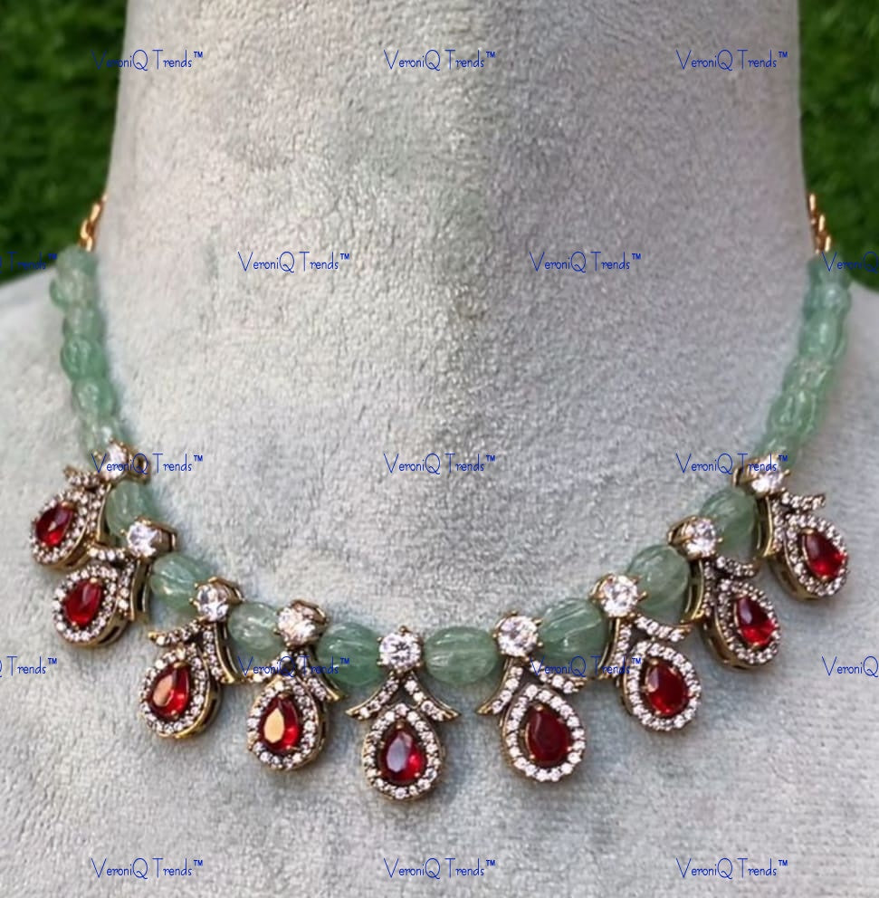 VeroniQ Trends-Ruby And Polki Silver Choker Necklace With Beryls Beads 92.5 Silver Moissanite Diamond Polki-Gold Plated-Wedding Jewellery-Punjabi Jewellery-South Indian-Thappa Jewellery