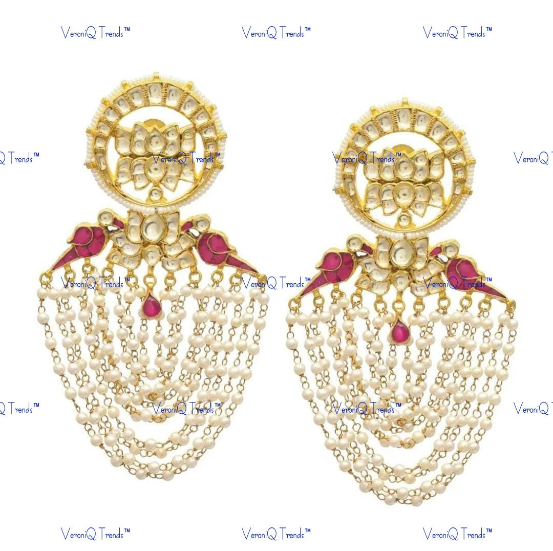 VeroniQ Trends-Gold Pated Pearl And Pachi Kundan Dangler Earrings With Peacock Motif Pachi Kundan-Gold Plated-Wedding Jewellery-Punjabi Jewellery-South Indian-Thappa Jewellery