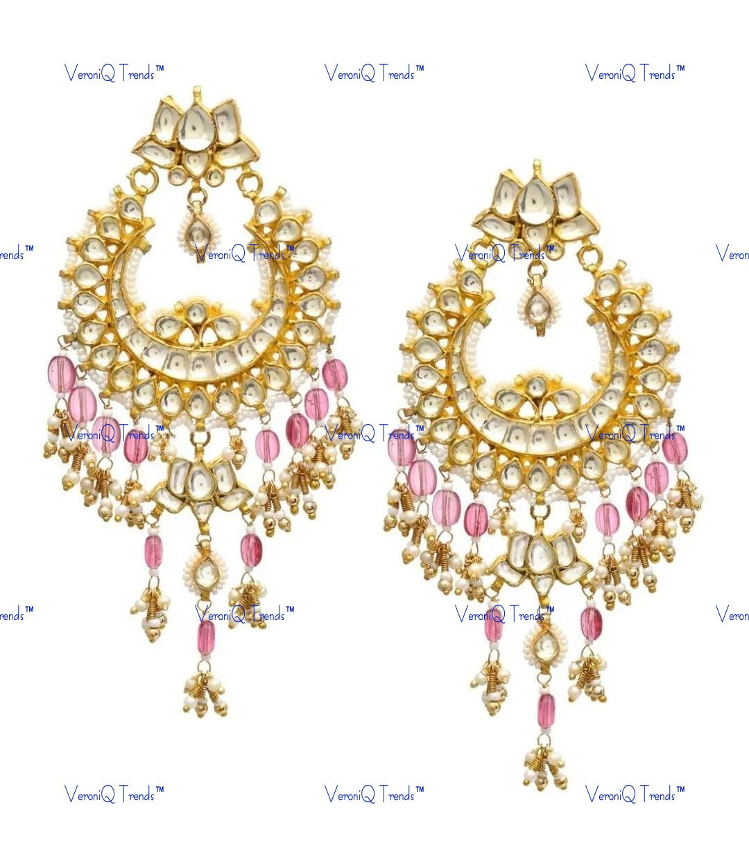 VeroniQ Trends-Gold Pated Pink Pachi Kundan Chandbali Earrings Pachi Kundan-Gold Plated-Wedding Jewellery-Punjabi Jewellery-South Indian-Thappa Jewellery