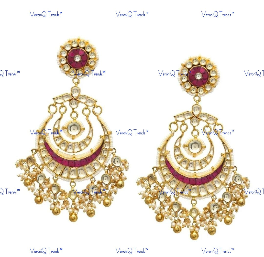 VeroniQ Trends-Gold Pated Red Kundan Polki Chandbali Pachi Kundan Earrings Pachi Kundan-Gold Plated-Wedding Jewellery-Punjabi Jewellery-South Indian-Thappa Jewellery