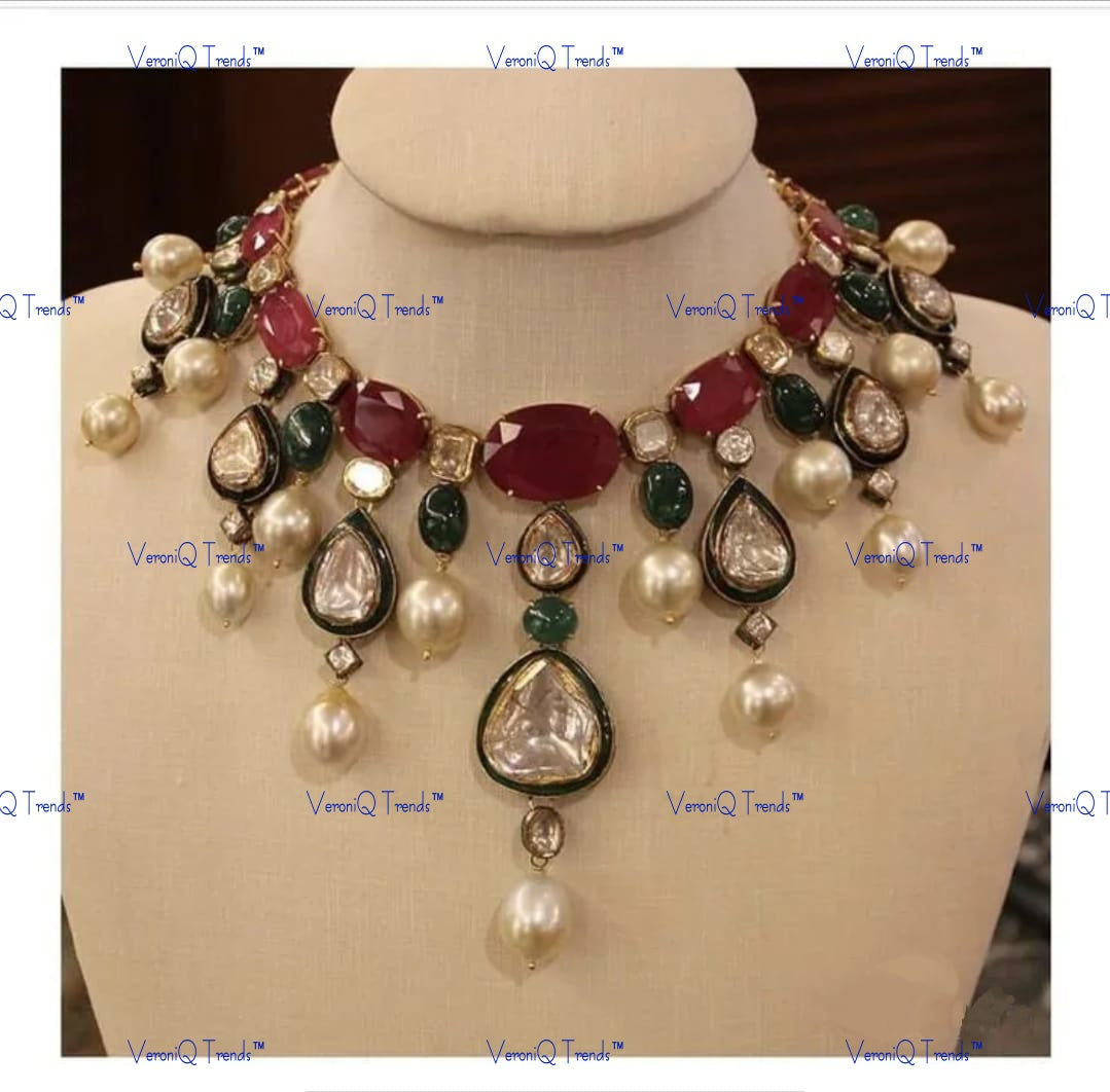 VeroniQ Trends-Party Look Ruby And Polki Choker Silver Necklace 92.5 Silver Moissanite Diamond Polki-Gold Plated-Wedding Jewellery-Punjabi Jewellery-South Indian-Thappa Jewellery