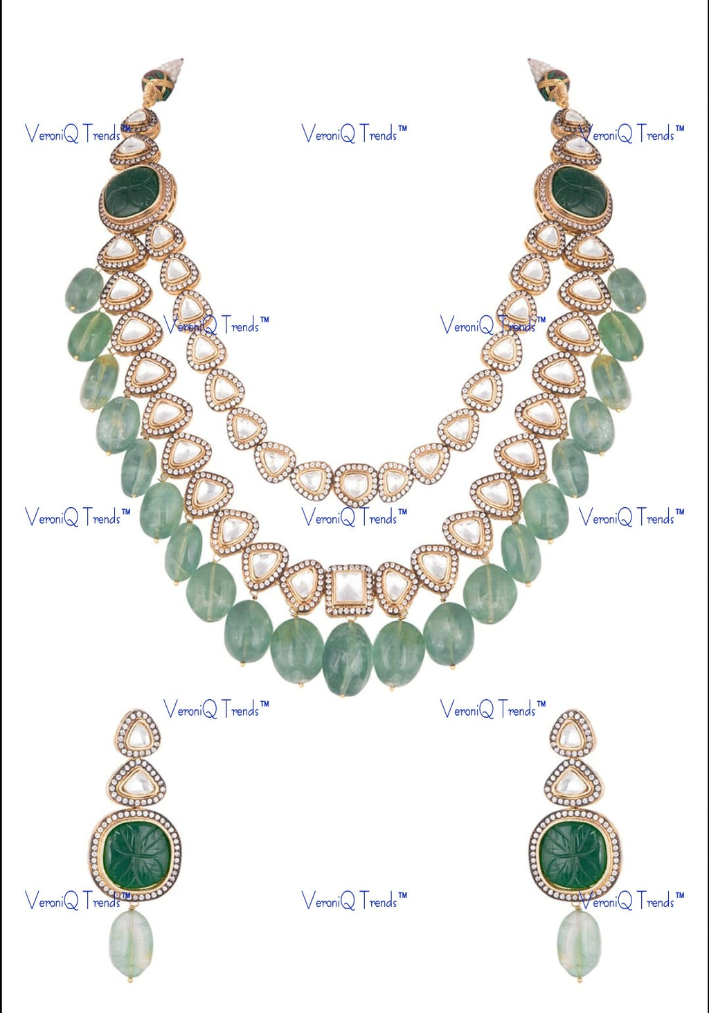 VeroniQ Trends-Victorian Double Line Gold Plated Polki Long Necklace Polki-Gold Plated-Wedding Jewellery-Punjabi Jewellery-South Indian-Thappa Jewellery