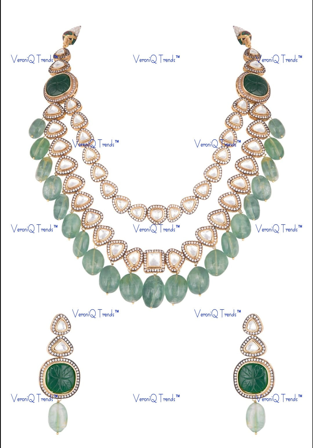 VeroniQ Trends-Victorian Double Line Gold Plated Polki Long Necklace Polki-Gold Plated-Wedding Jewellery-Punjabi Jewellery-South Indian-Thappa Jewellery