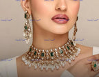VeroniQ Trends-Victorian Emerald Pearl And Polki Choker Necklace Polki-Gold Plated-Wedding Jewelry-Punjabi Jewelry-South Indian-Thappa Jewelry
