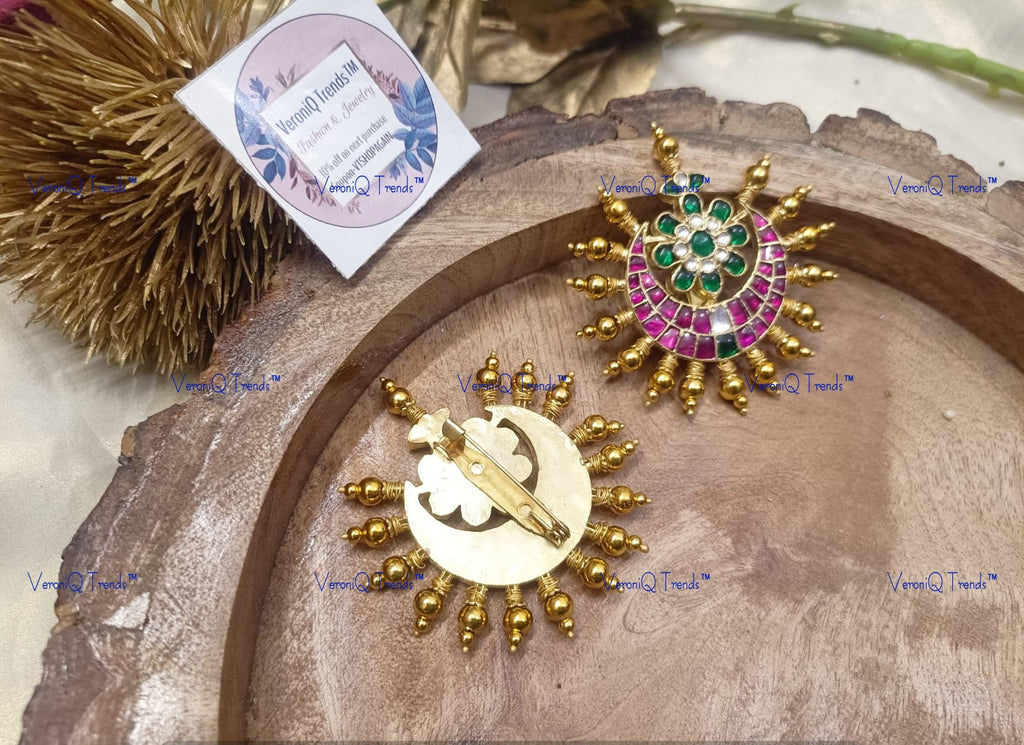 VeroniQ Trends-Chandbali Kemp Stone Gold Plated Pachi Kundan Mens/ Groom Brooch Pachi Kundan-Gold Plated-Wedding Jewellery-Punjabi Jewellery-South Indian-Thappa Jewellery