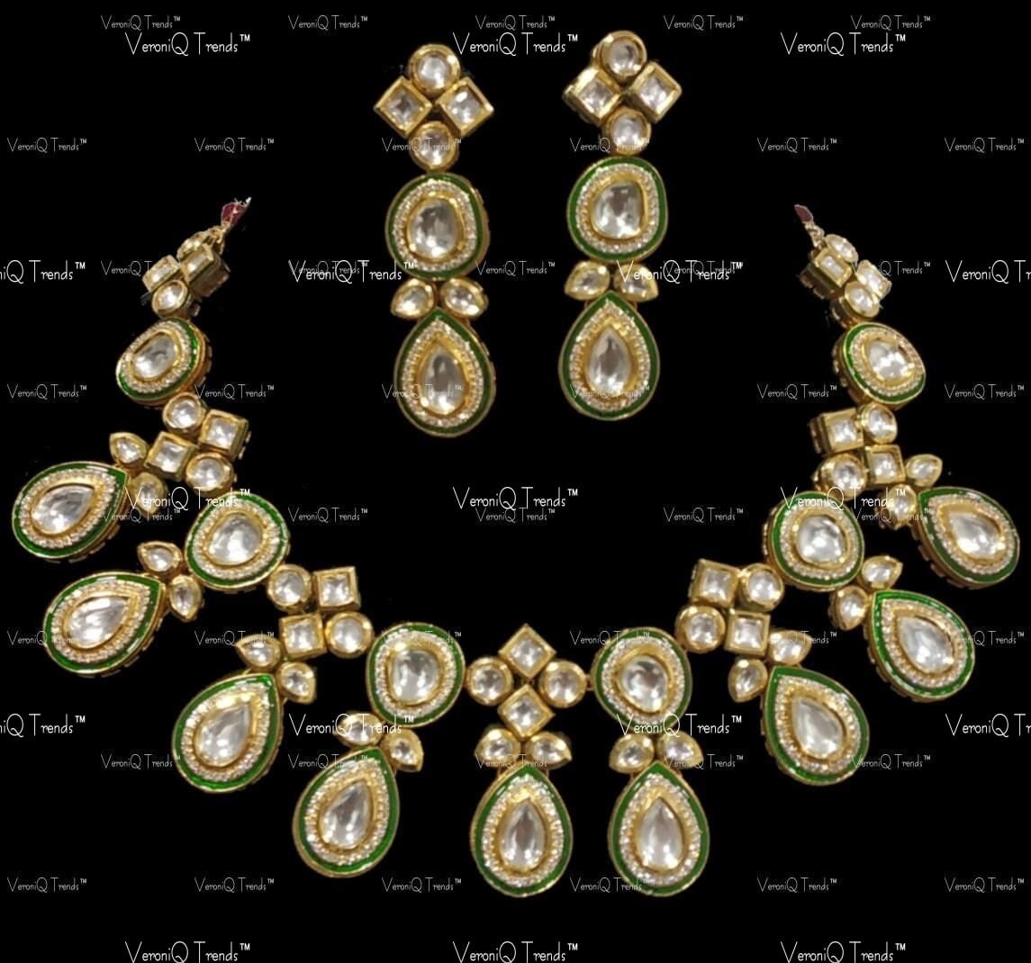 VeroniQ Trends-Elegant Gold Plated Green Meenakari Polki Necklace in Handmade Kundan Polki-Gold Plated-Wedding Jewellery-Punjabi Jewellery-South Indian-Thappa Jewellery