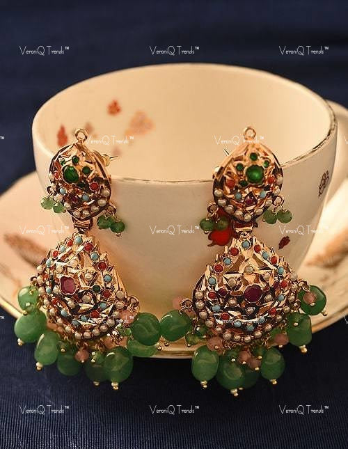 VeroniQ Trends-Beautiful Gold Plated Kundan Jadau Long Necklace With Green Beads Kundan-Gold Plated-Wedding Jewellery-Punjabi Jewellery-South Indian-Thappa Jewellery