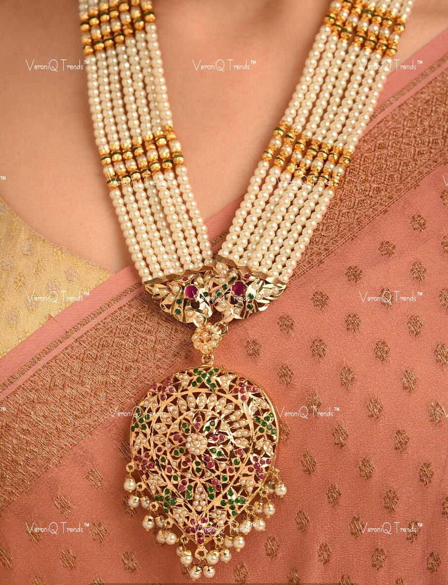 VeroniQ Trends-Beautiful Multistrand Pearl Beaded Gold Plated Kundan Jadau Long Necklace Kundan-Gold Plated-Wedding Jewellery-Punjabi Jewellery-South Indian-Thappa Jewellery