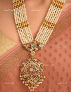 VeroniQ Trends-Beautiful Multistrand Pearl Beaded Gold Plated Kundan Jadau Long Necklace Kundan-Gold Plated-Wedding Jewelry-Punjabi Jewelry-South Indian-Thappa Jewelry