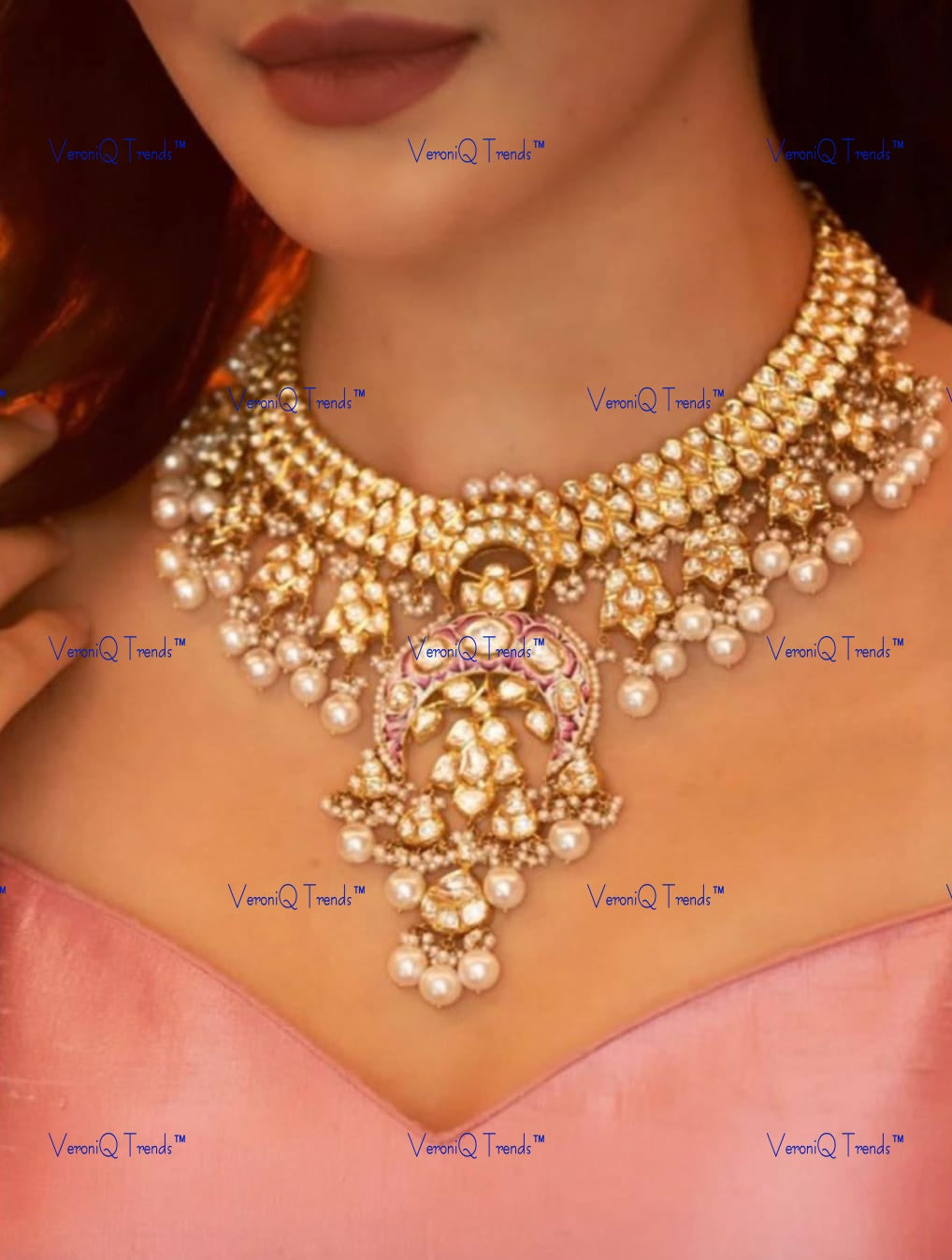 VeroniQ Trends-Traditional Pachi Kundan And Pearl Chandbali Pendant Necklace Pachi Kundan-Gold Plated-Wedding Jewellery-Punjabi Jewellery-South Indian-Thappa Jewellery