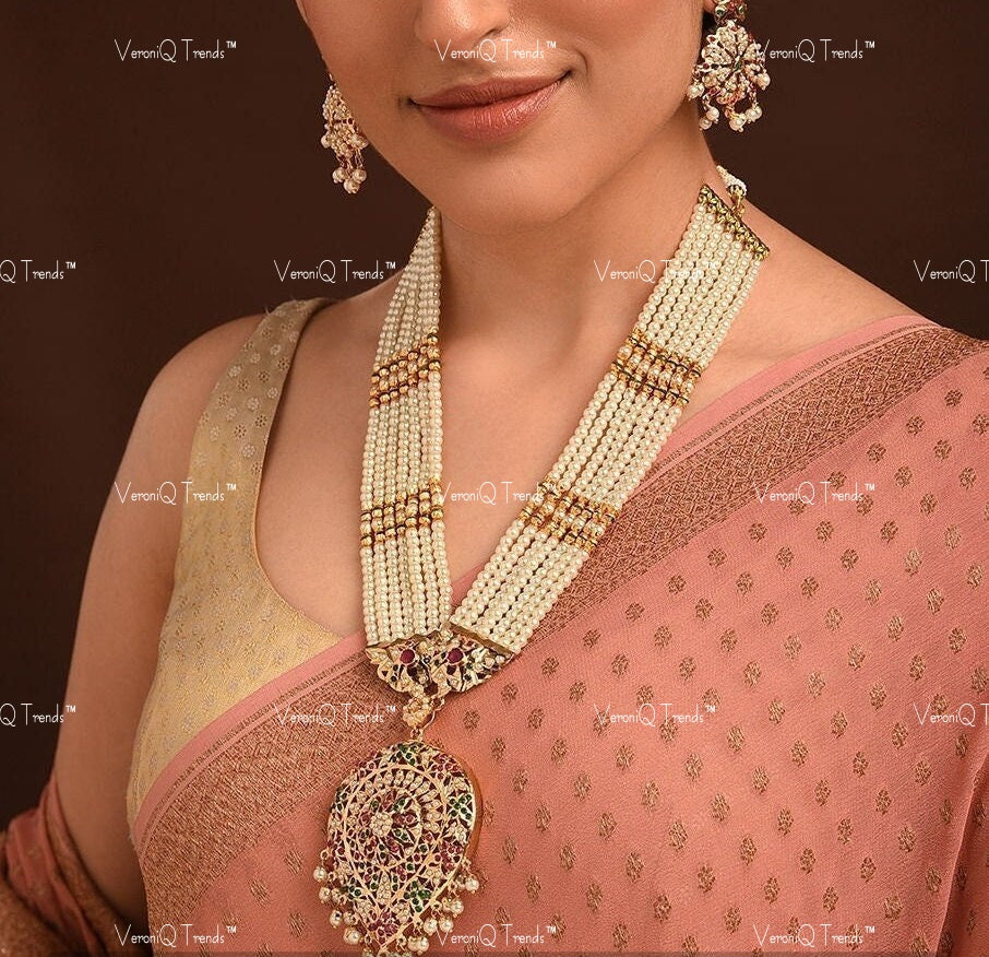 VeroniQ Trends-Beautiful Multistrand Pearl Beaded Gold Plated Kundan Jadau Long Necklace Kundan-Gold Plated-Wedding Jewellery-Punjabi Jewellery-South Indian-Thappa Jewellery