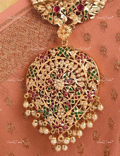 VeroniQ Trends-Beautiful Multistrand Pearl Beaded Gold Plated Kundan Jadau Long Necklace Kundan-Gold Plated-Wedding Jewellery-Punjabi Jewellery-South Indian-Thappa Jewellery