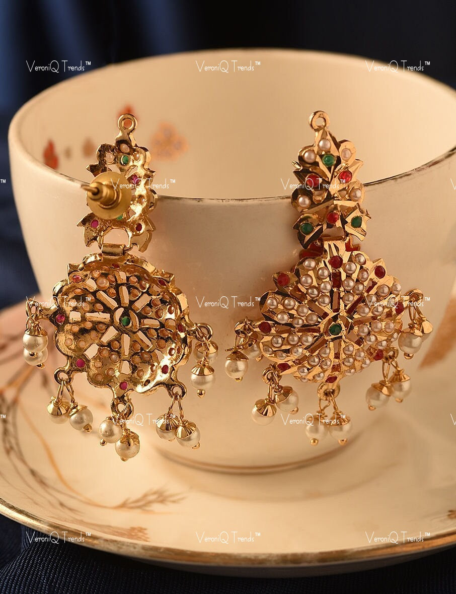 VeroniQ Trends-Beautiful Multistrand Pearl Beaded Gold Plated Kundan Jadau Long Necklace Kundan-Gold Plated-Wedding Jewellery-Punjabi Jewellery-South Indian-Thappa Jewellery