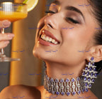 VeroniQ Trends-Cocktail Party Look Sapphire And American Diamond Silver Choker Necklace 92.5 Silver Moissanite American Diamond-Gold Plated-Wedding Jewelry-Punjabi Jewelry-South Indian-Thappa Jewelry