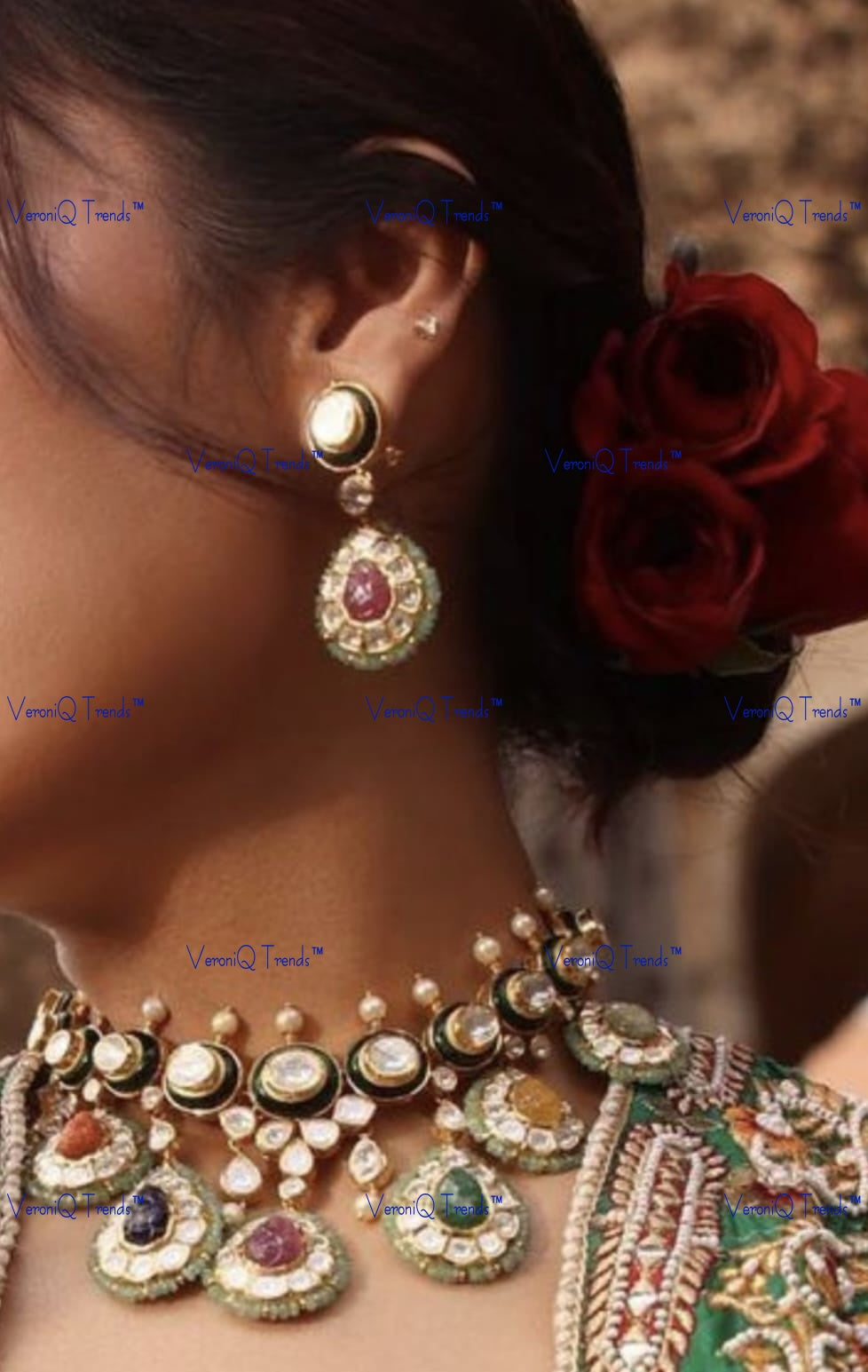 VeroniQ Trends-Traditional Navratan Pachi Kundan Choker Necklace Polki-Gold Plated-Wedding Jewellery-Punjabi Jewellery-South Indian-Thappa Jewellery