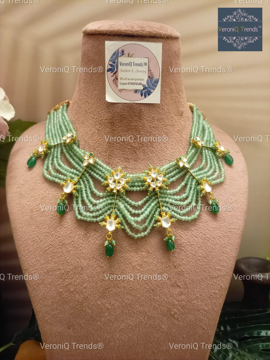 VeroniQ Trends-Mint Green Multistrand Kundan Choker Necklace Pachi Kundan-Gold Plated-Wedding Jewellery-Punjabi Jewellery-South Indian-Thappa Jewellery