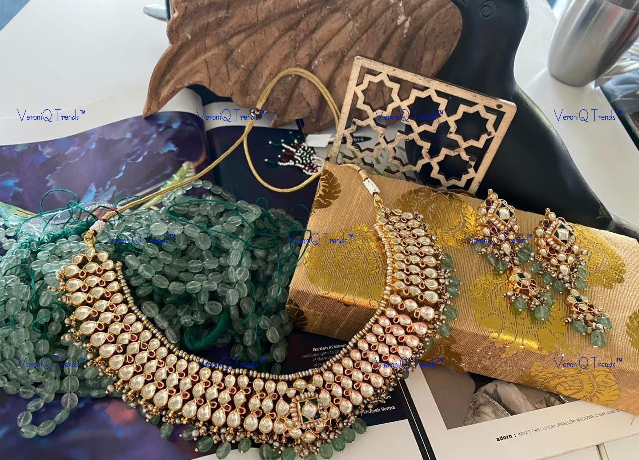 VeroniQ Trends-Bridal Gold Plated Pachi Kundan Choker Necklace Pachi Kundan-Gold Plated-Wedding Jewellery-Punjabi Jewellery-South Indian-Thappa Jewellery