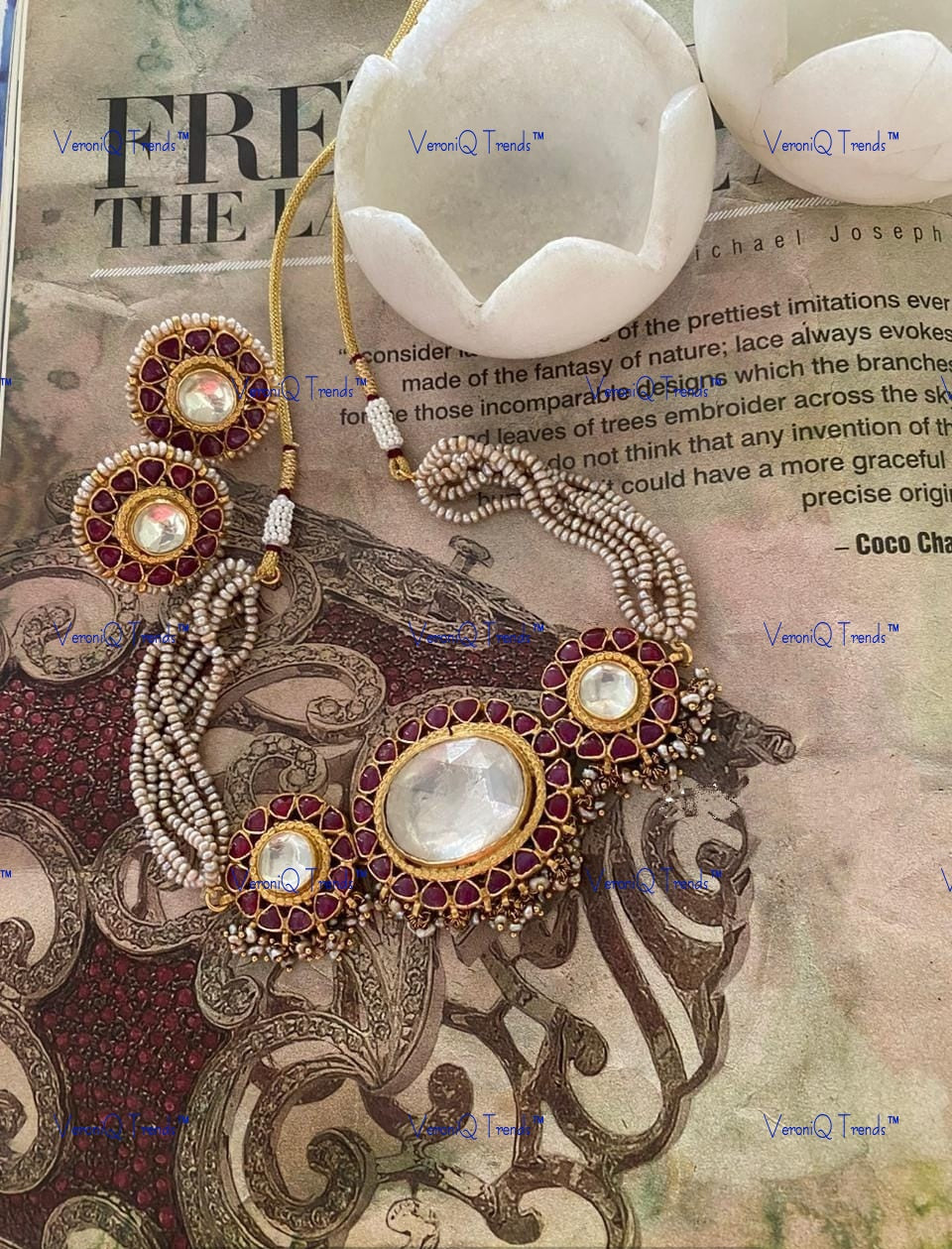 VeroniQ Trends-Traditional Gold Plated Multistrand Kemp Stone Pachi Kundan Necklace Pachi Kundan-Gold Plated-Wedding Jewellery-Punjabi Jewellery-South Indian-Thappa Jewellery