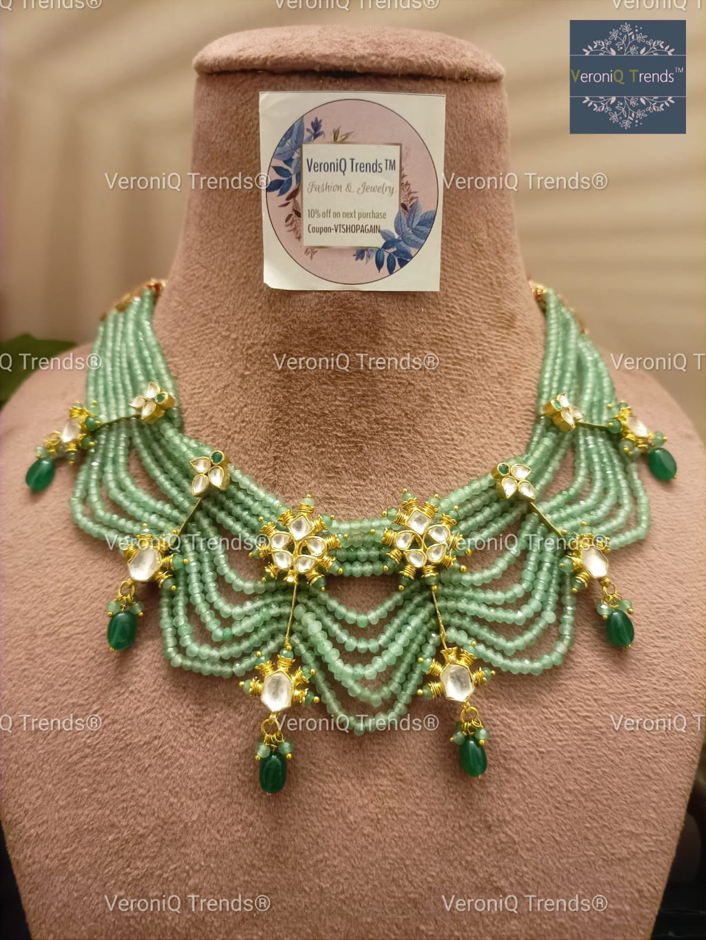 VeroniQ Trends-Mint Green Multistrand Kundan Choker Necklace Pachi Kundan-Gold Plated-Wedding Jewellery-Punjabi Jewellery-South Indian-Thappa Jewellery