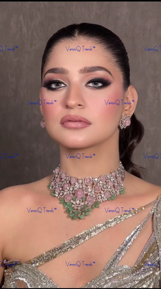 VeroniQ Trends-Victorian Baby Pink Stone And Polki Silver Choker Necklace With Green Beads 92.5 Silver Moissanite Diamond Polki-Gold Plated-Wedding Jewellery-Punjabi Jewellery-South Indian-Thappa Jewellery