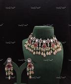 VeroniQ Trends-Party Wear Victorian Polki Choker Necklace in Rose Quartz Polki-Gold Plated-Wedding Jewelry-Punjabi Jewelry-South Indian-Thappa Jewelry