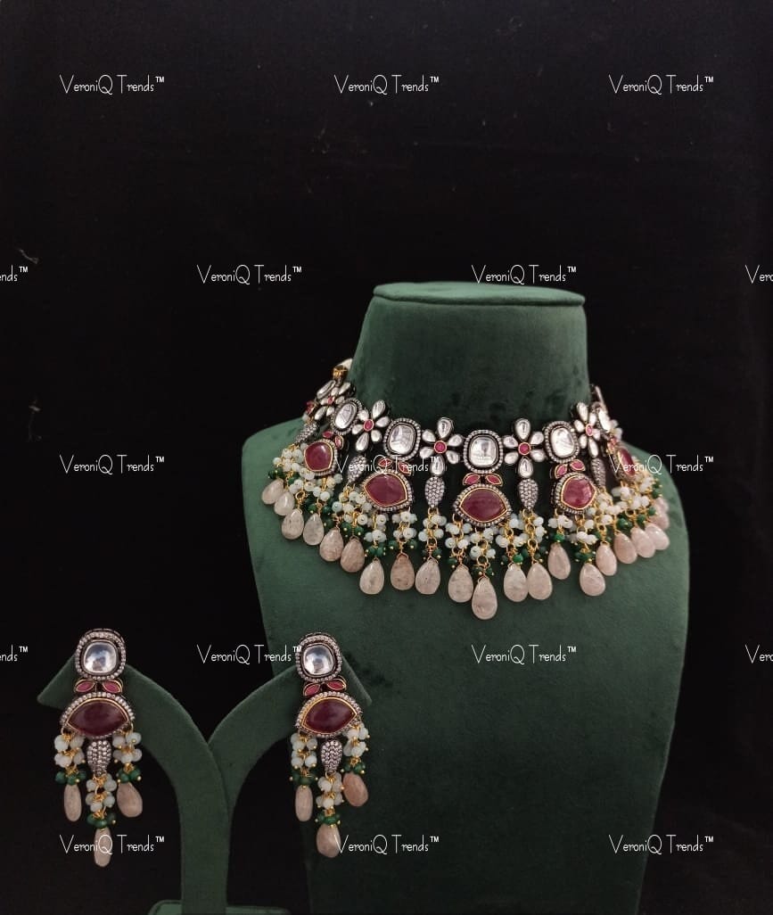 VeroniQ Trends-Party Wear Victorian Polki Choker Necklace in Rose Quartz Polki-Gold Plated-Wedding Jewellery-Punjabi Jewellery-South Indian-Thappa Jewellery