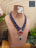 VeroniQ Trends-Double Line Sapphire Beads Polki Long Necklace Polki-Gold Plated-Wedding Jewelry-Punjabi Jewelry-South Indian-Thappa Jewelry