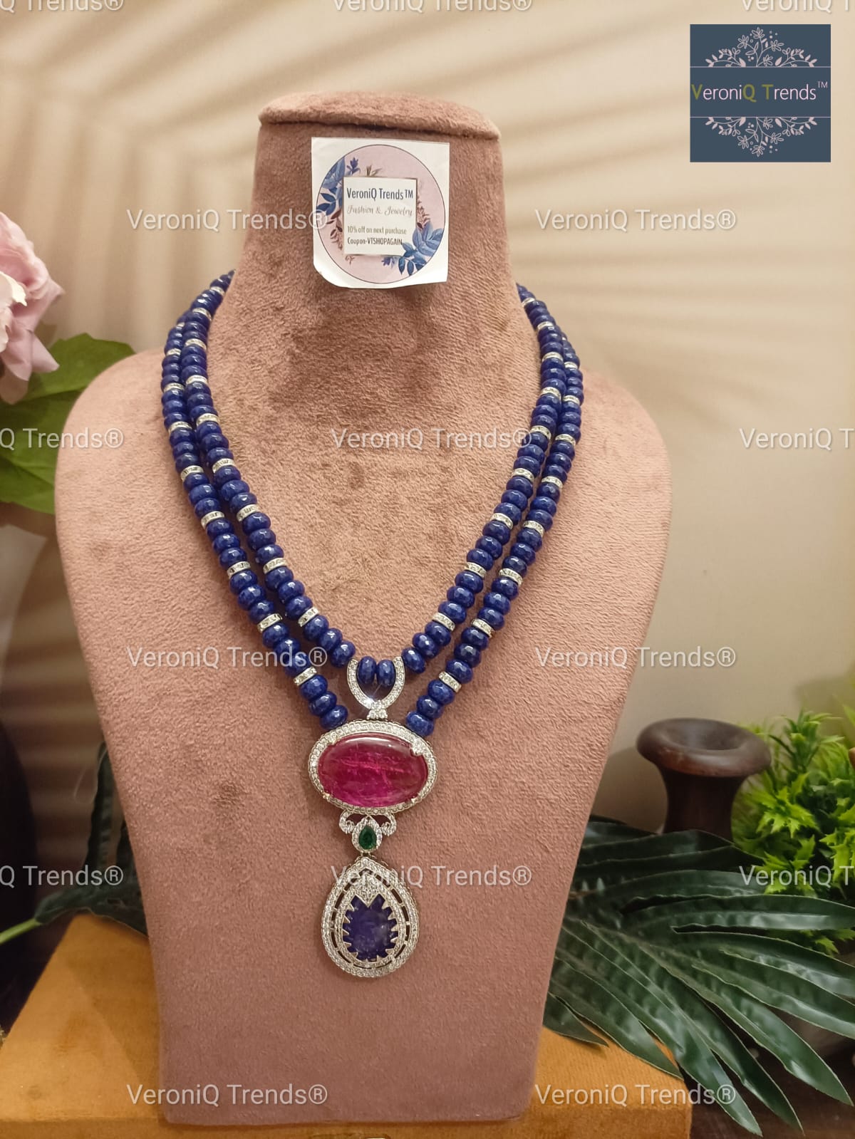 VeroniQ Trends-Double Line Sapphire Beads Polki Long Necklace Polki-Gold Plated-Wedding Jewellery-Punjabi Jewellery-South Indian-Thappa Jewellery